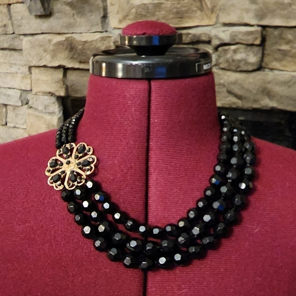Vintage Black Tri-Strand  Beaded Necklace